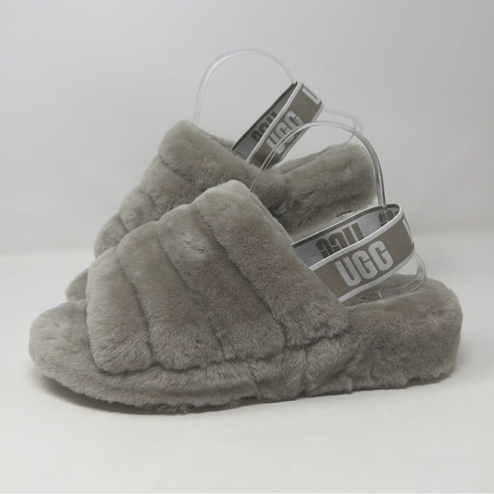 UGG Fluff Yeah Slingback Sandals Gray Sheepskin Platform Slides Women’s 11